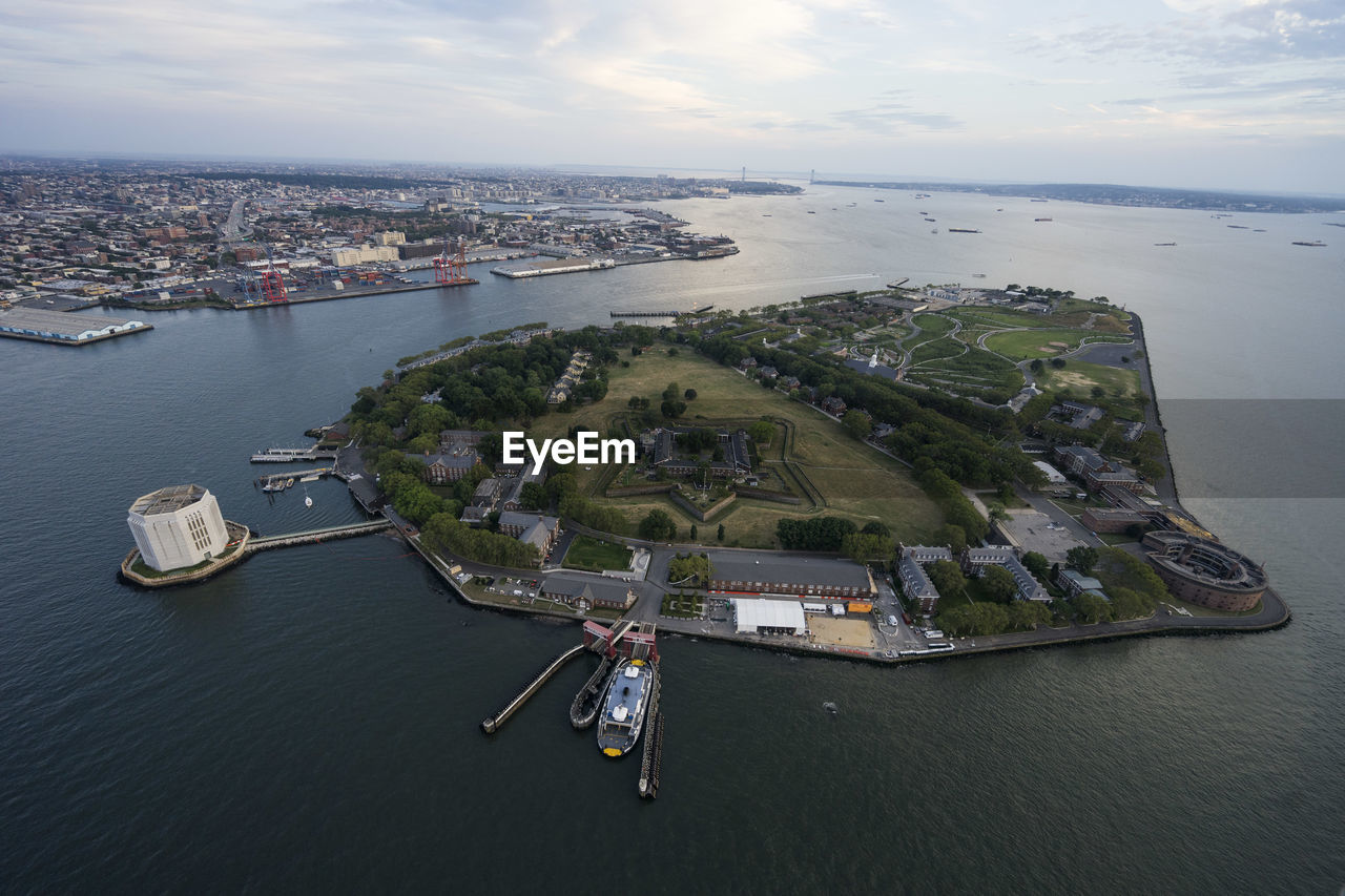 Aerial view of governors island national monument in bay