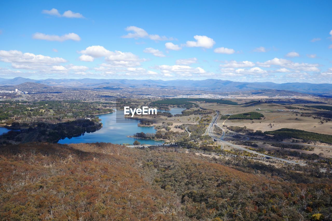 High angle view of land against sky