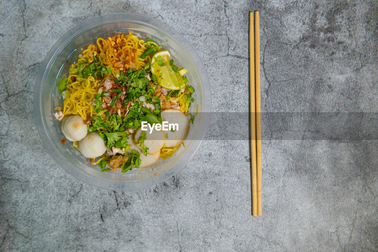 High angle view of vegetables in bowl on table