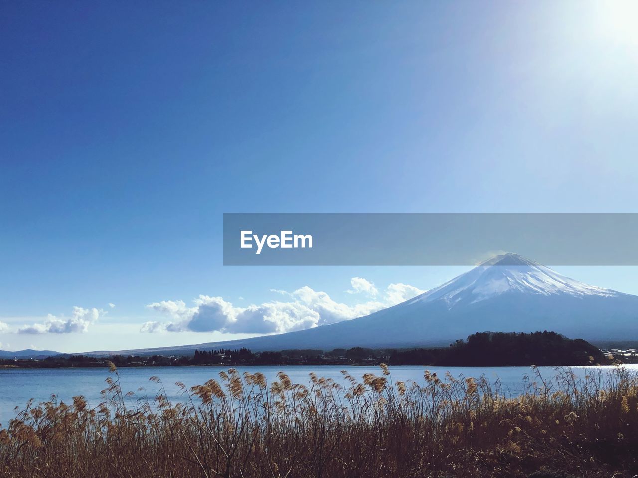 Scenic view of lake by mountains against sky