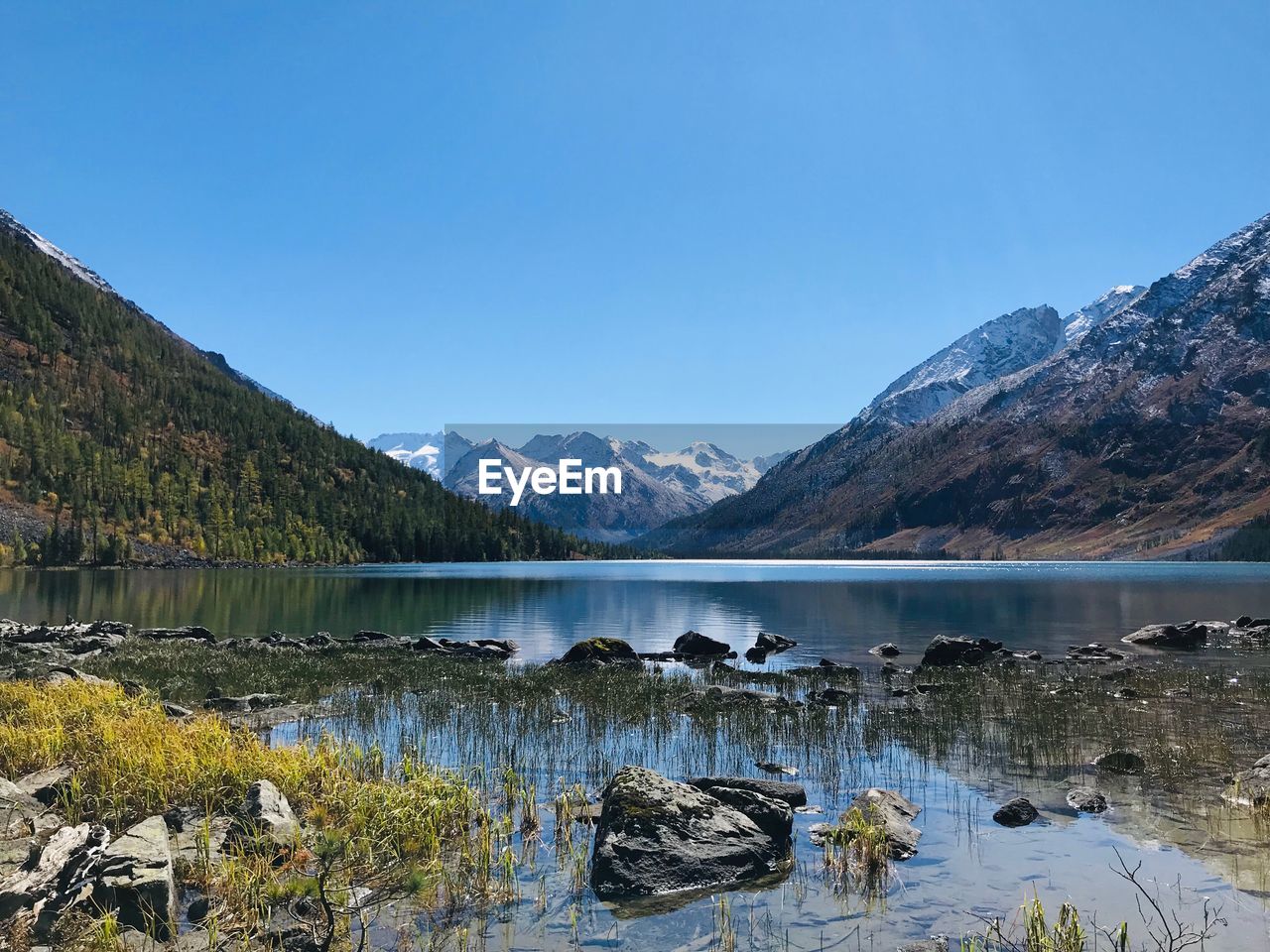 Scenic view of lake and mountains against clear blue sky