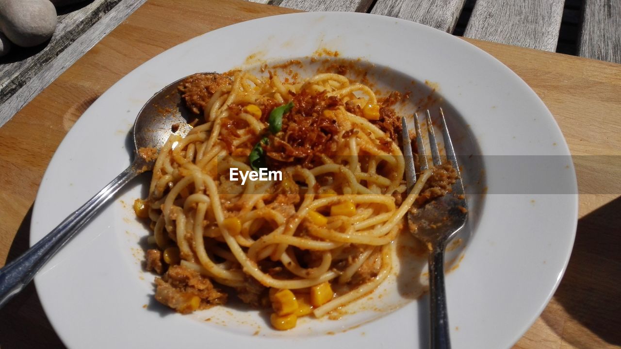 CLOSE-UP OF NOODLES SERVED ON PLATE