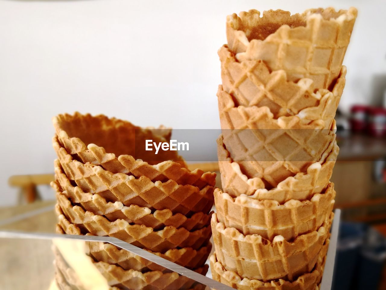 Close-up of stack of ice-cream cones 