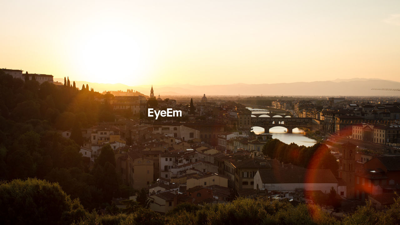 HIGH ANGLE SHOT OF TOWNSCAPE AT SUNSET