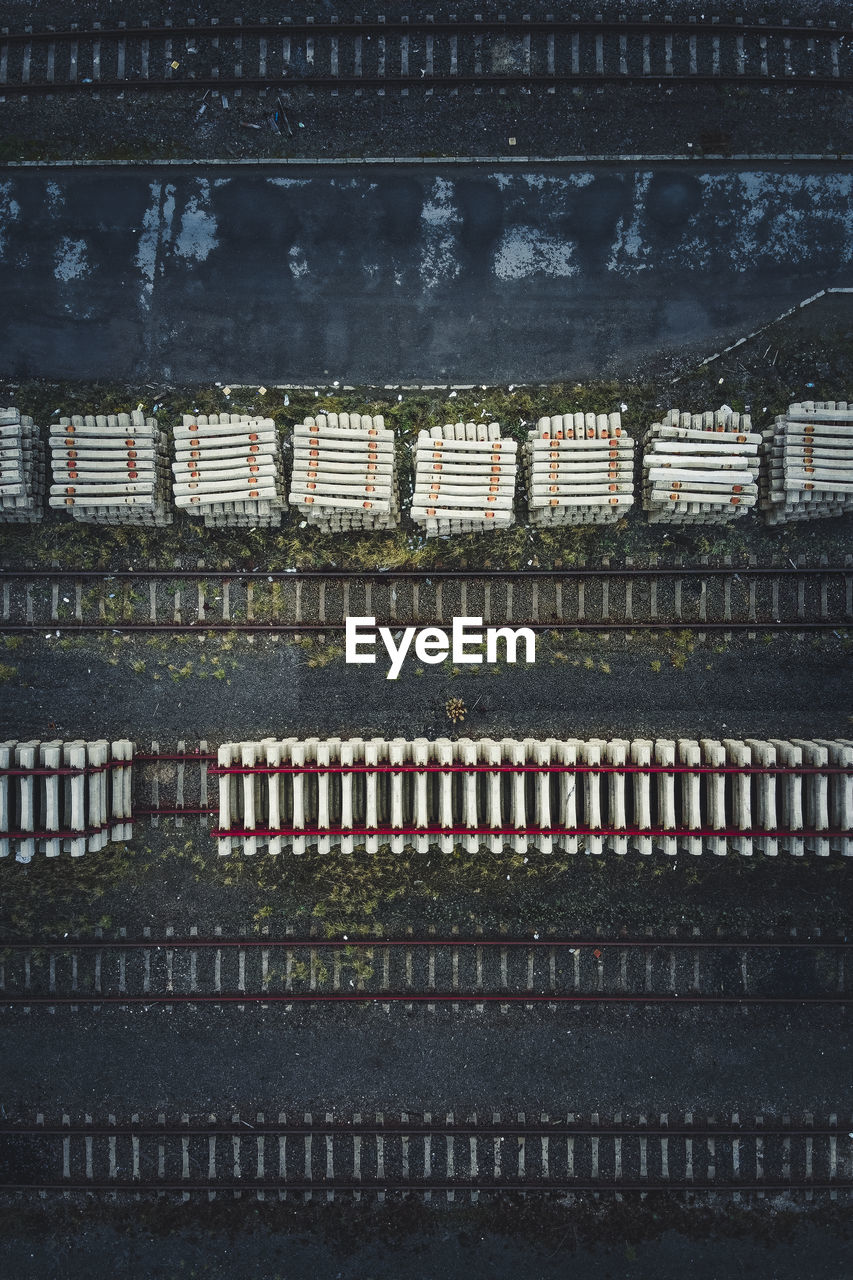 Aerial view of railroad tracks at night