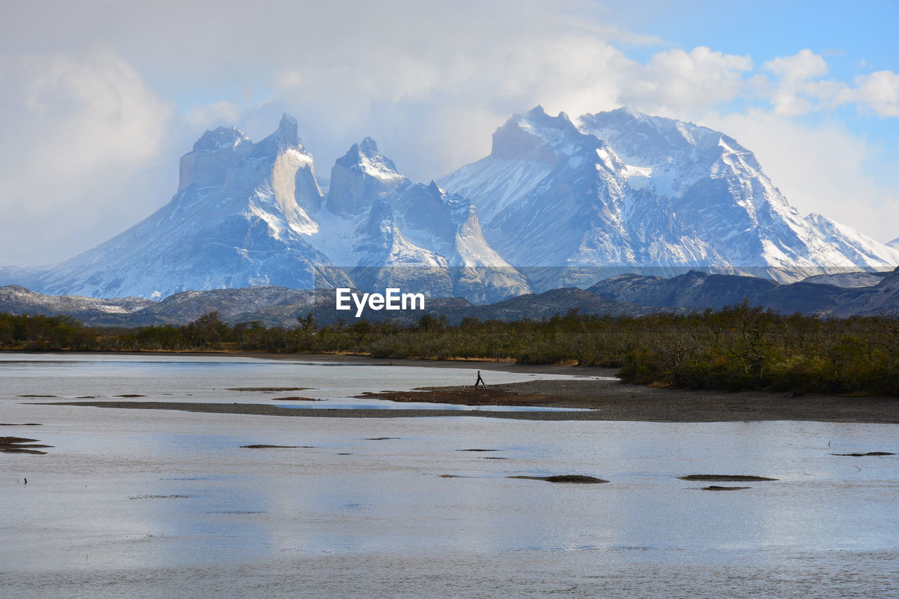 Scenic view of lake by mountains against sky