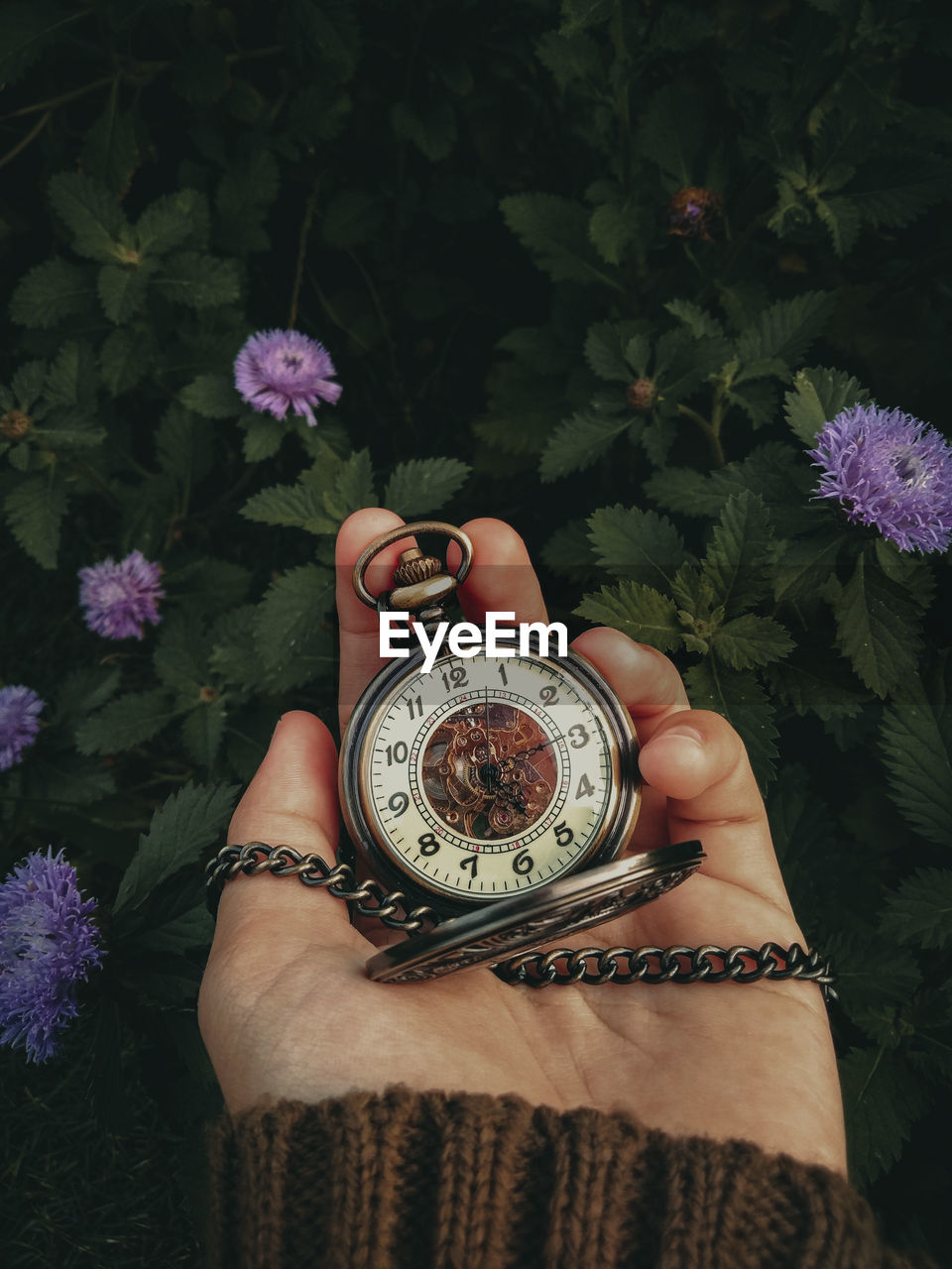 Close-up of hand holding vintage clock