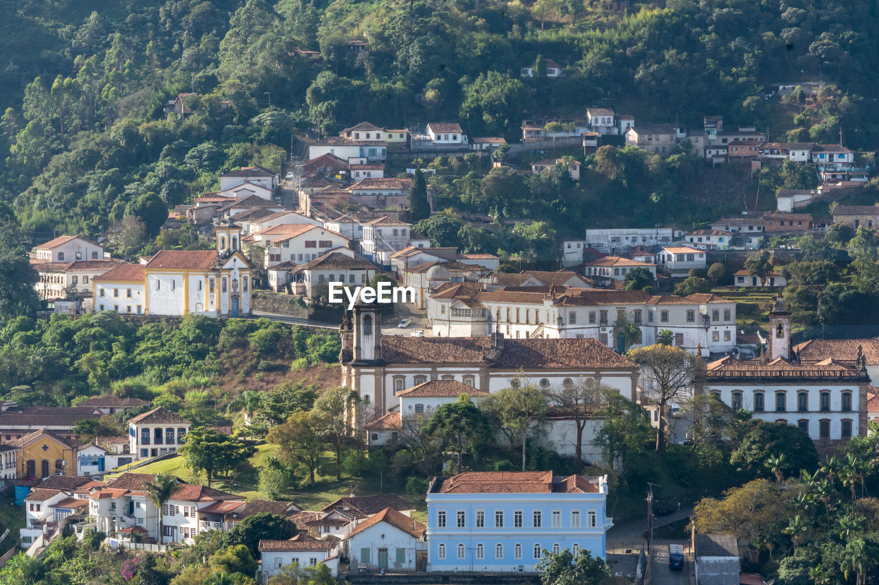 High angle view of buildings in town