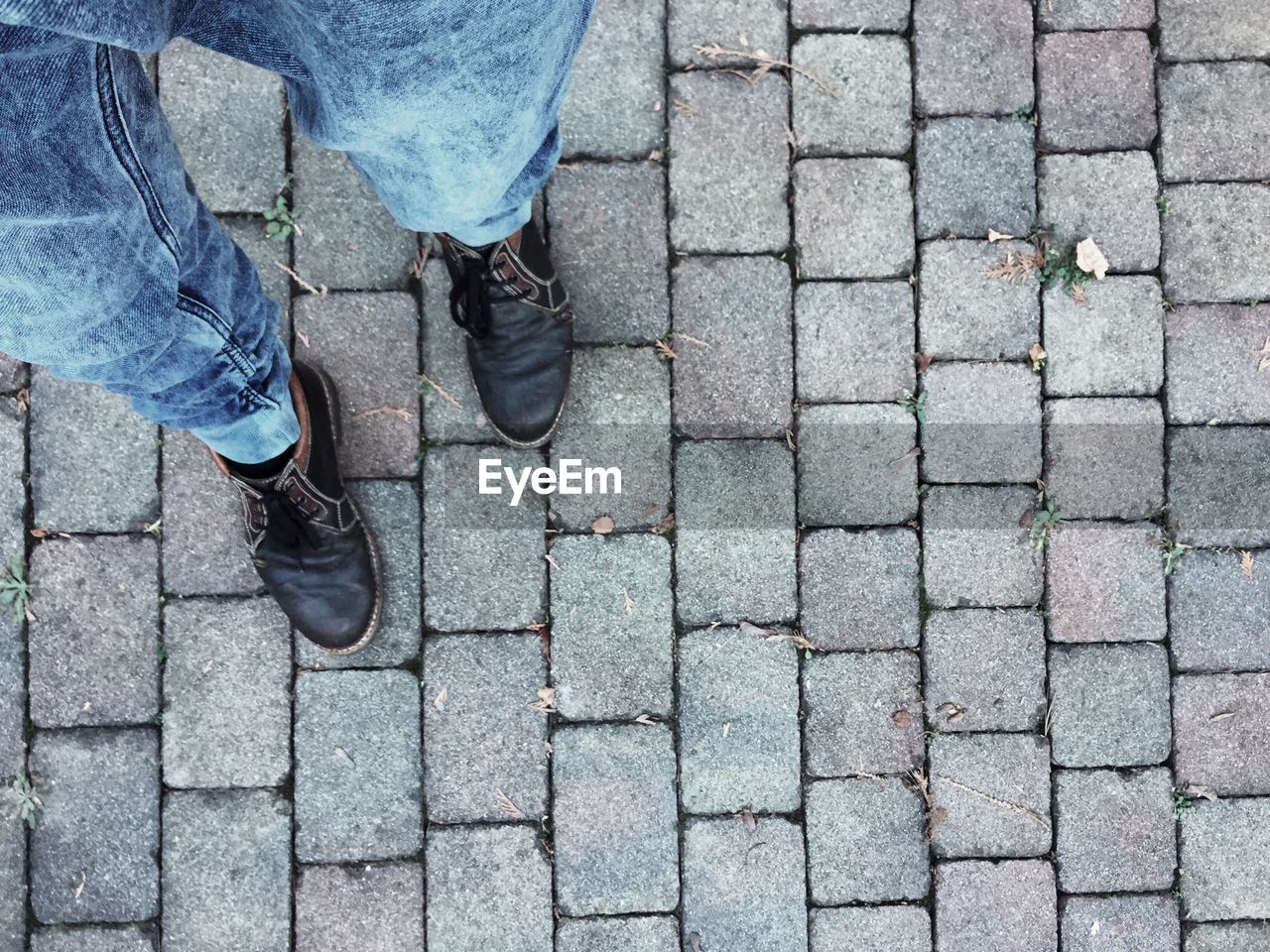 Low section of man standing on paved footpath