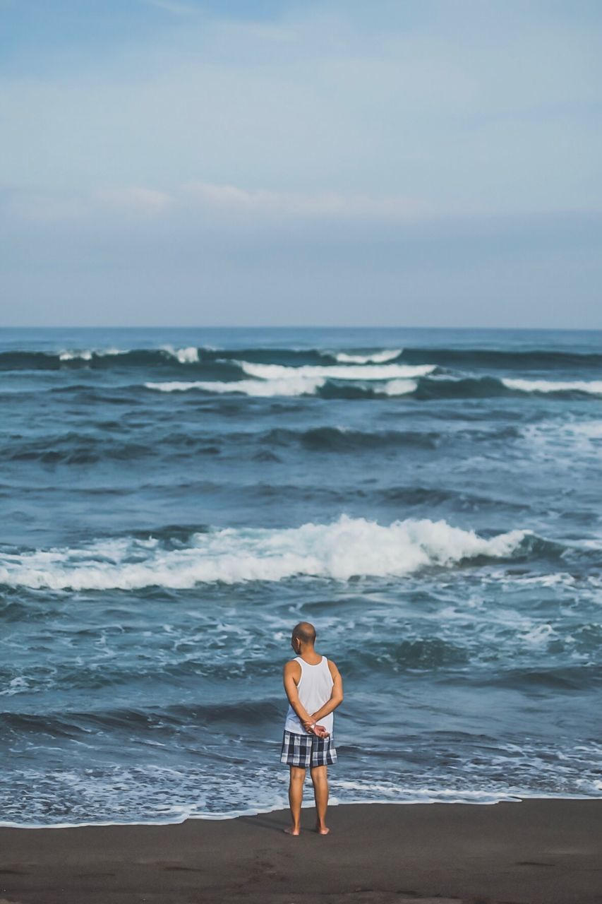 Rear view of man standing on beach against sky