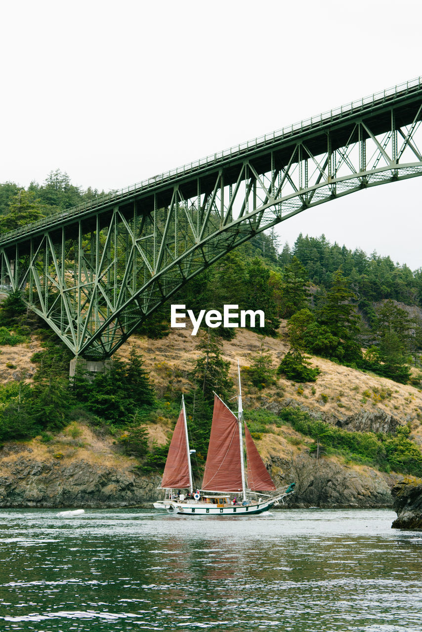 A sailboat under the deception pass bridge in anacortes, washington