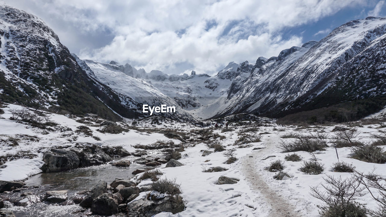 Scenic view of snow covered mountains against sky