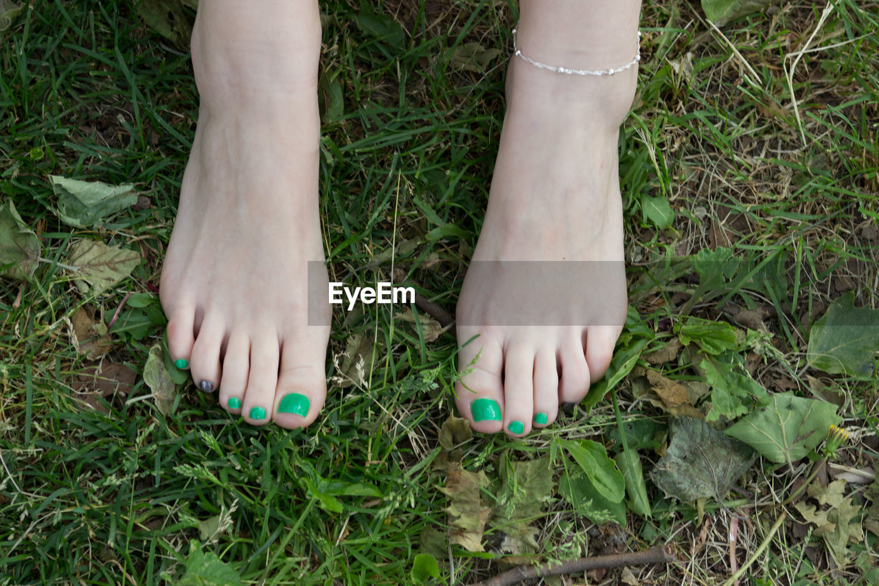 Low section of woman with painted toenails on field