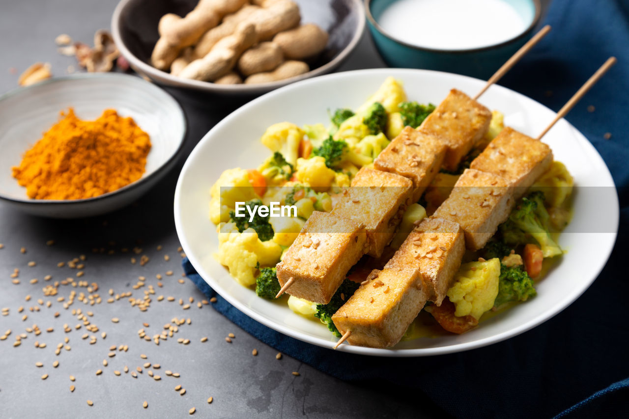 High angle view of food in bowls on table