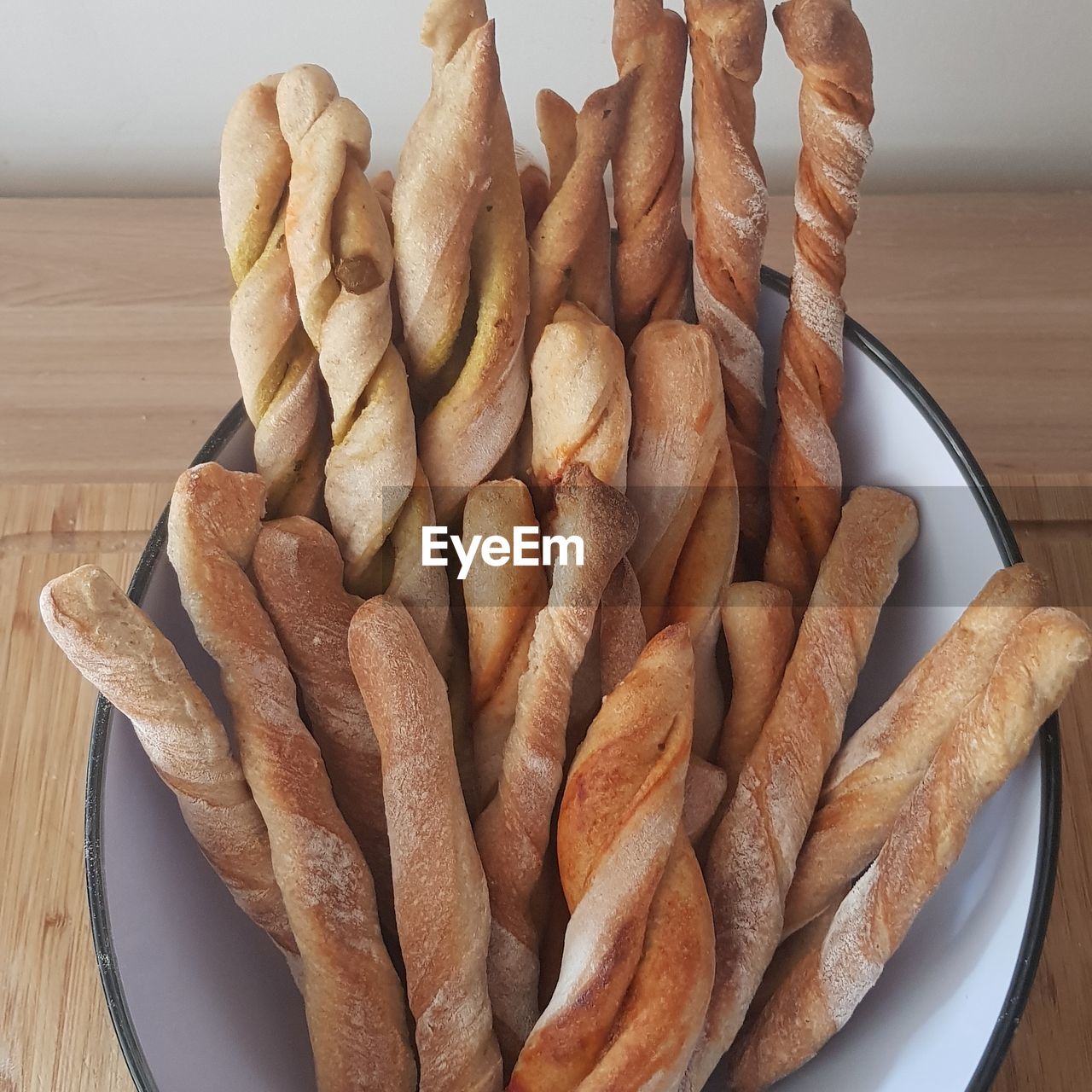 High angle view of bread in plate on table