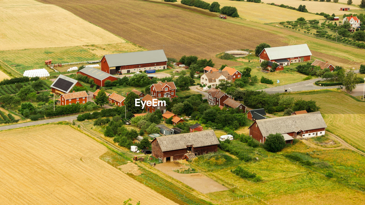 High angle view of houses and trees on field