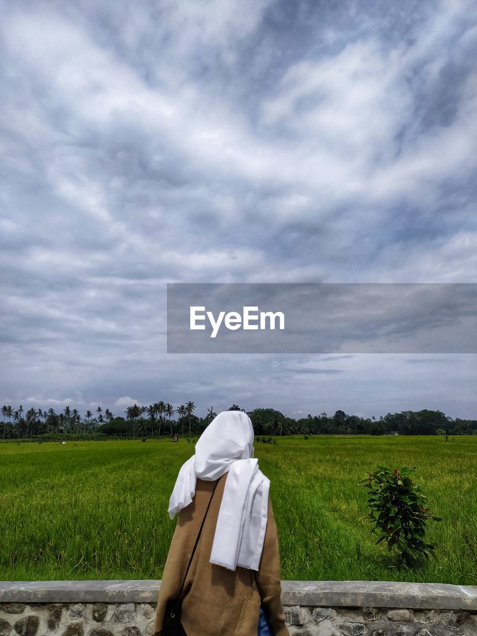 Rear view of person on field against sky