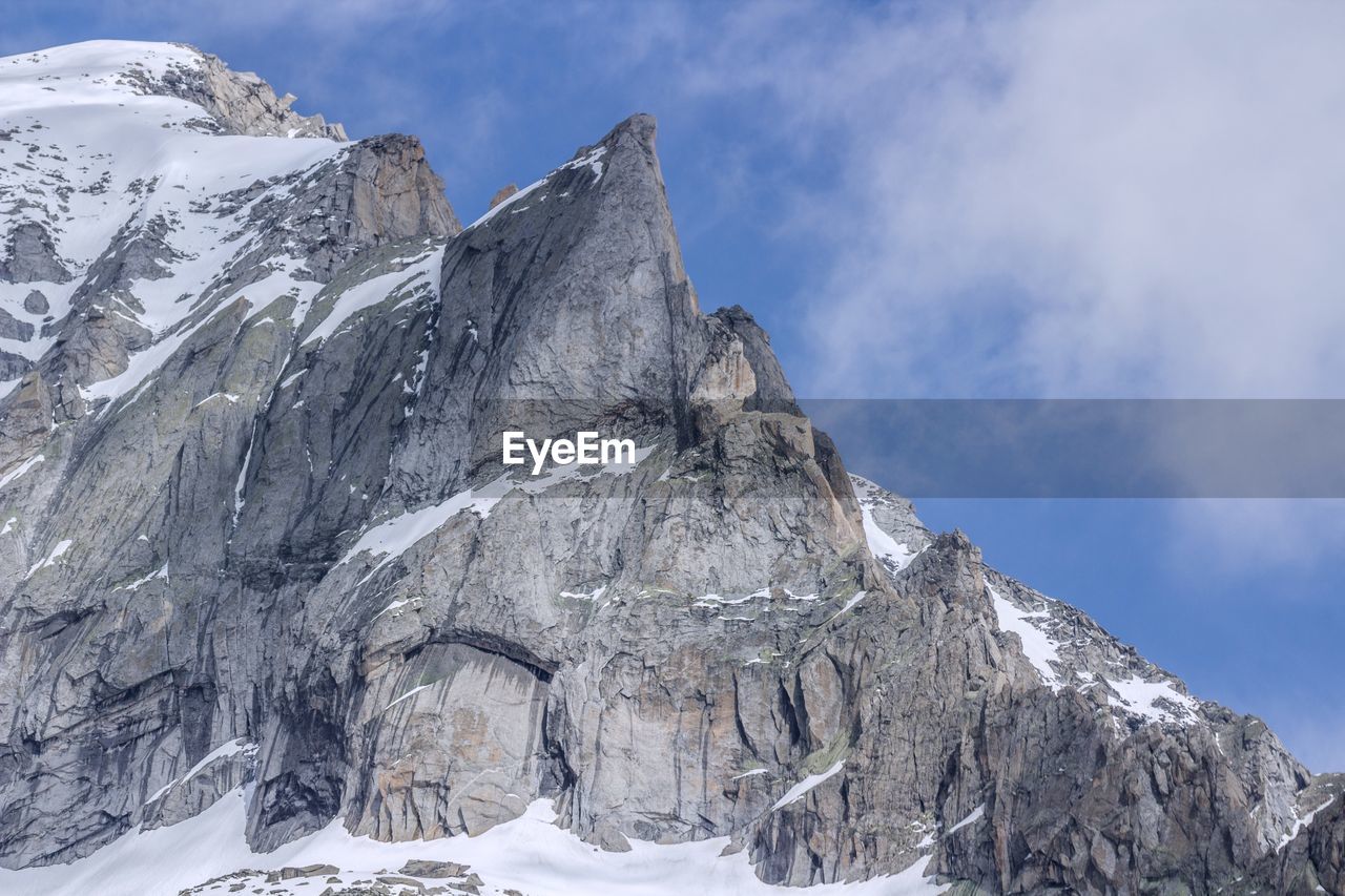 Low angle view of snowcapped mountain against sky