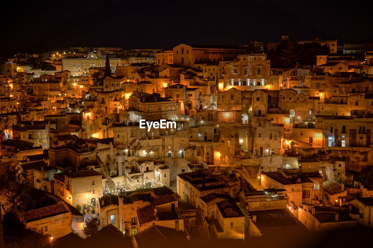 High angle shot of illuminated townscape at night