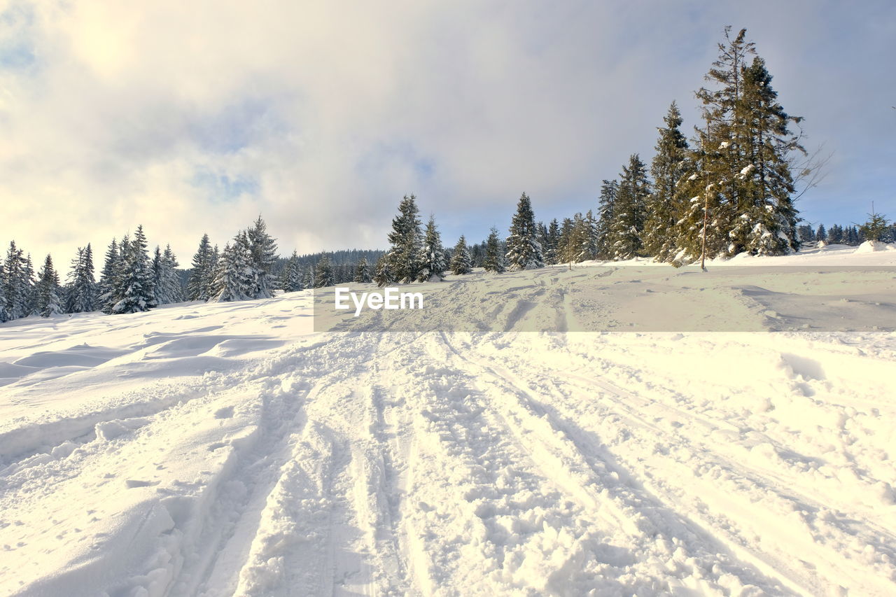 SNOW COVERED LAND AGAINST SKY
