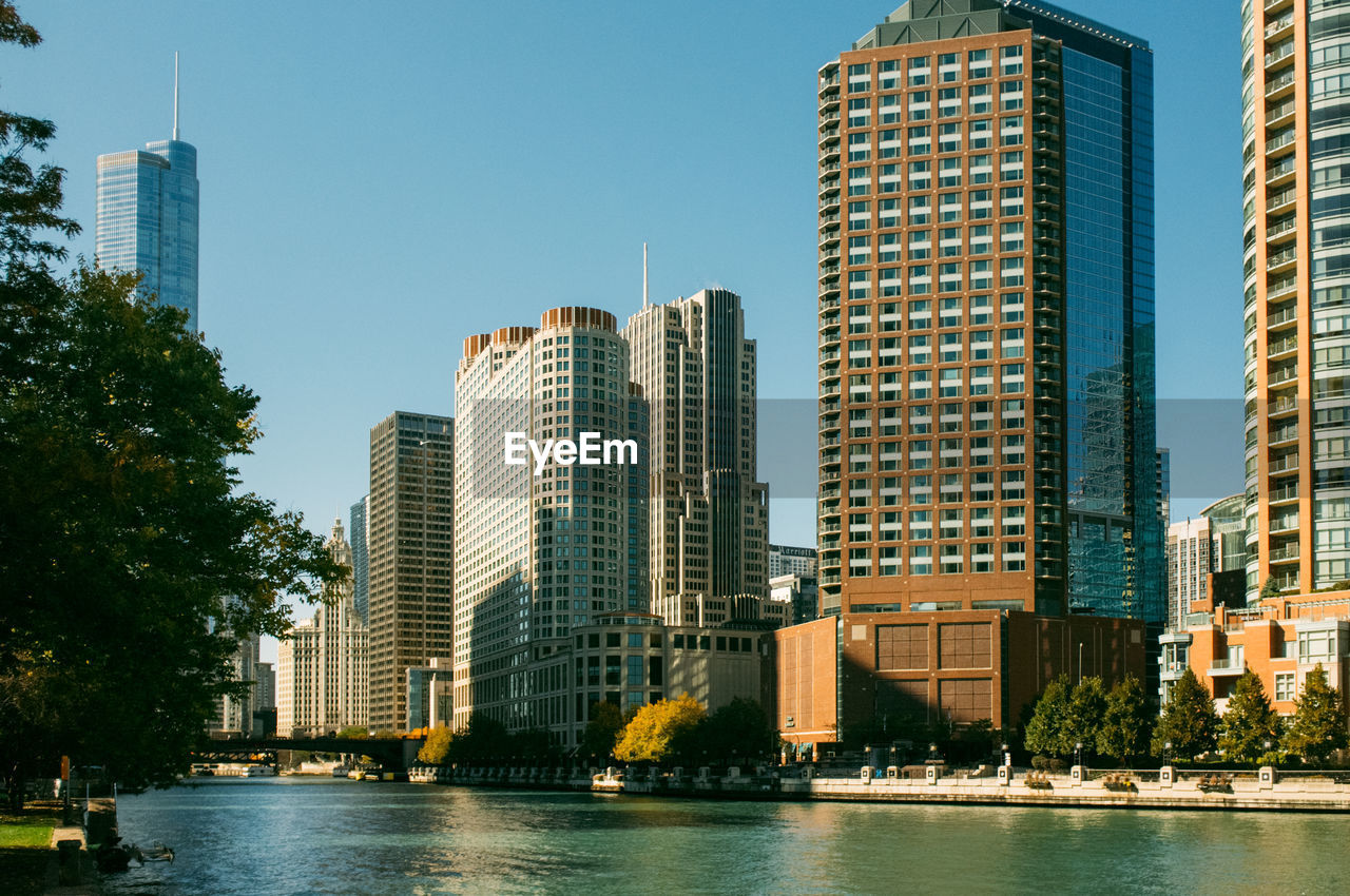 Modern skyscrapers by river