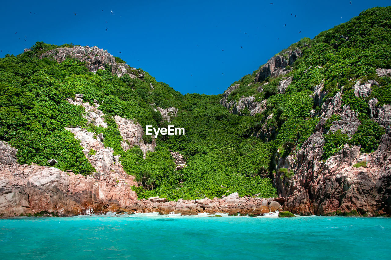 Aride island nature reserve view from the indian ocean with blue sky. praslin, seychelles