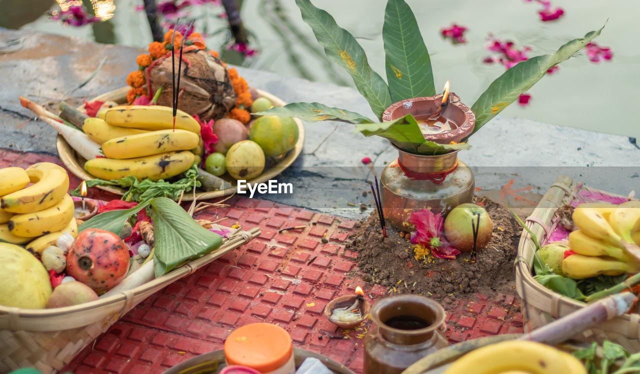 Hindu religious offerings for sun god during chhath festival from different angle