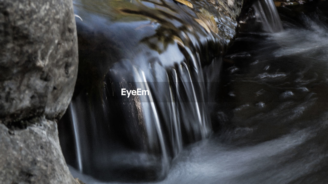 HIGH ANGLE VIEW OF WATER FLOWING THROUGH ROCKS