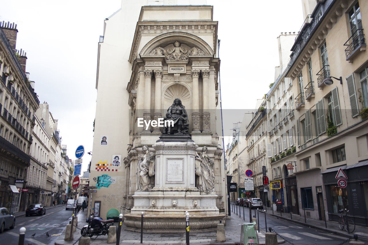 PANORAMIC VIEW OF STATUES ON BUILDING AMIDST CITY