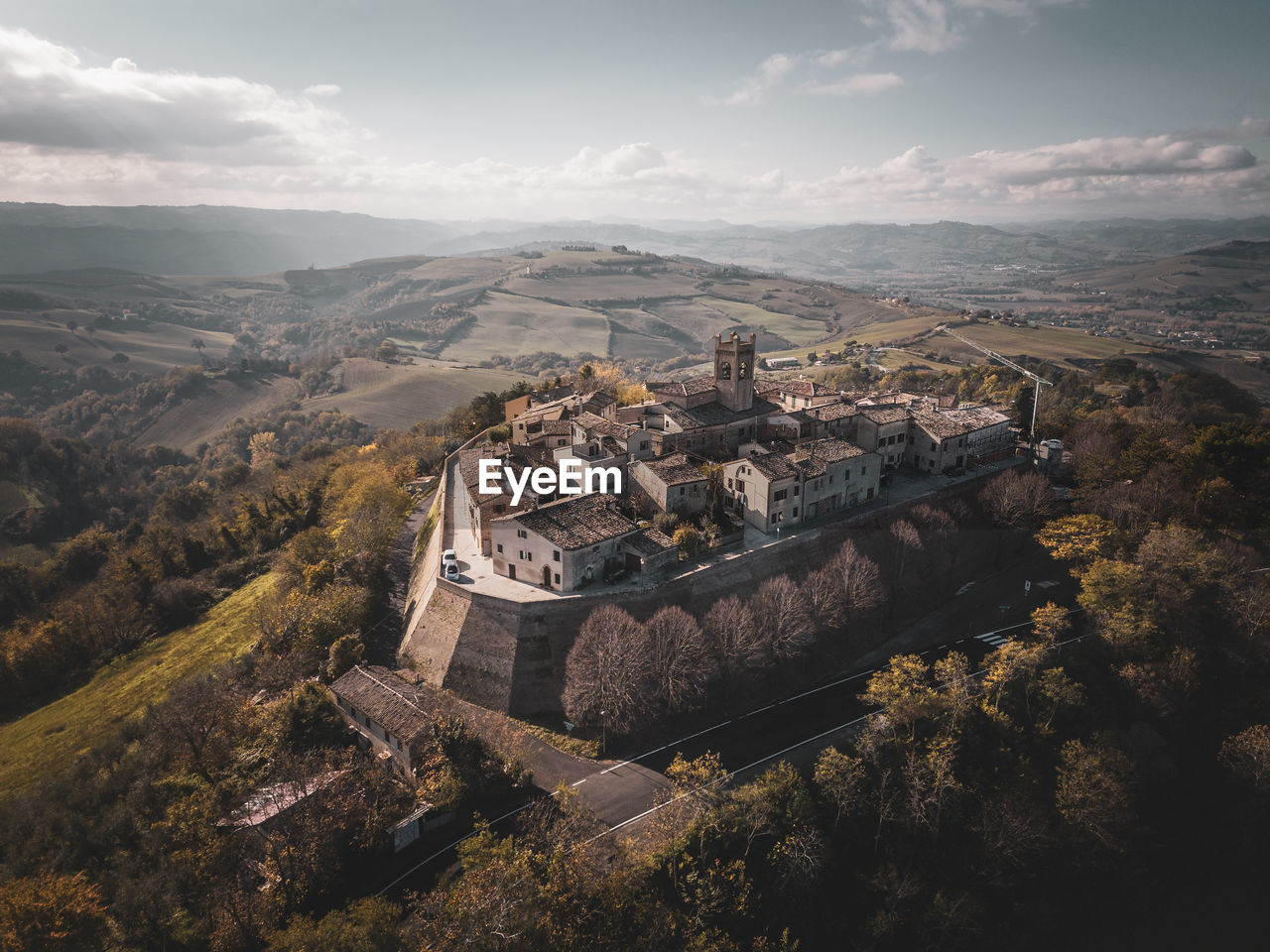 High angle view of townscape montefabbri against sky