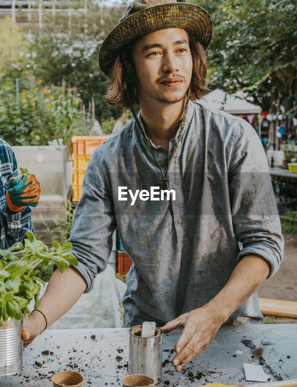 Young male farmer with plant looking away in community garden