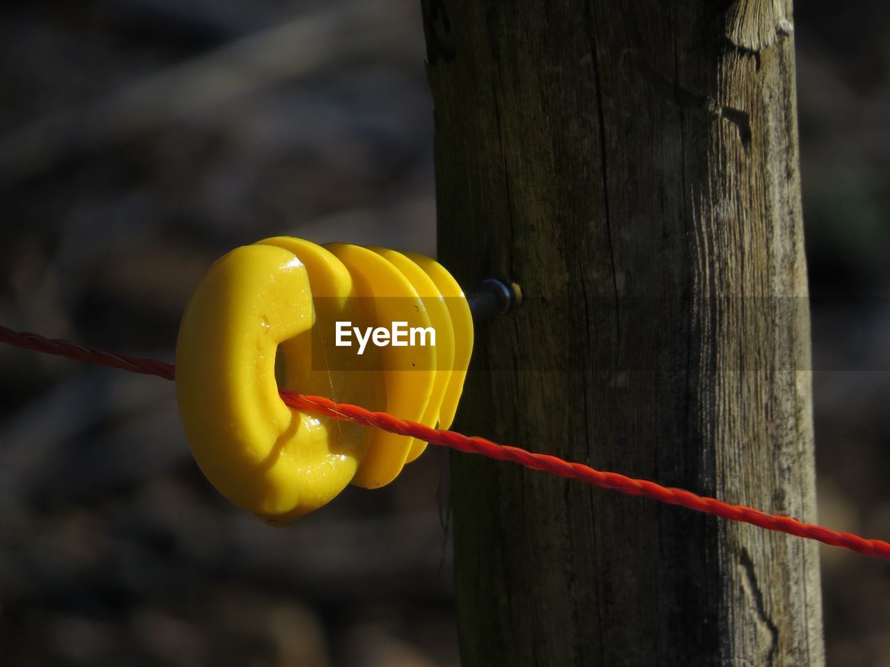 Close-up of red wire attached by yellow equipment on pole