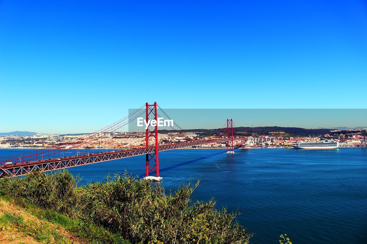 High angle view of red bridge over river