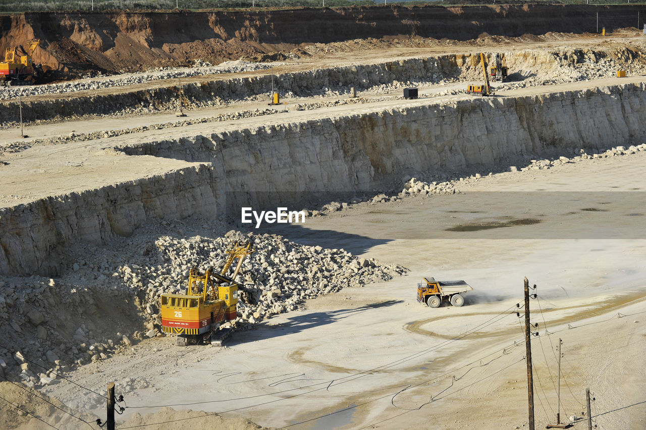 High angle view of earth mover working at quarry