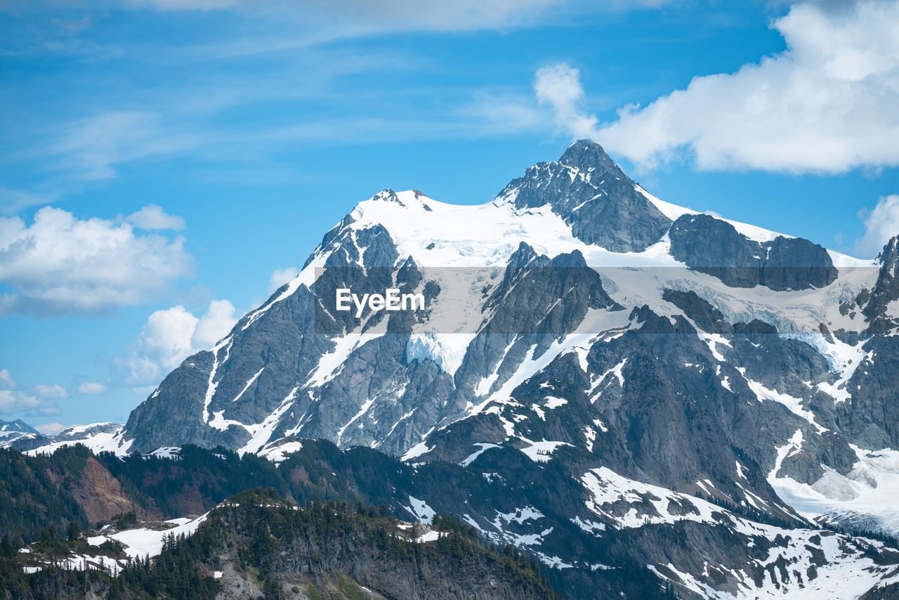 Scenic view of snowcapped mountains against sky