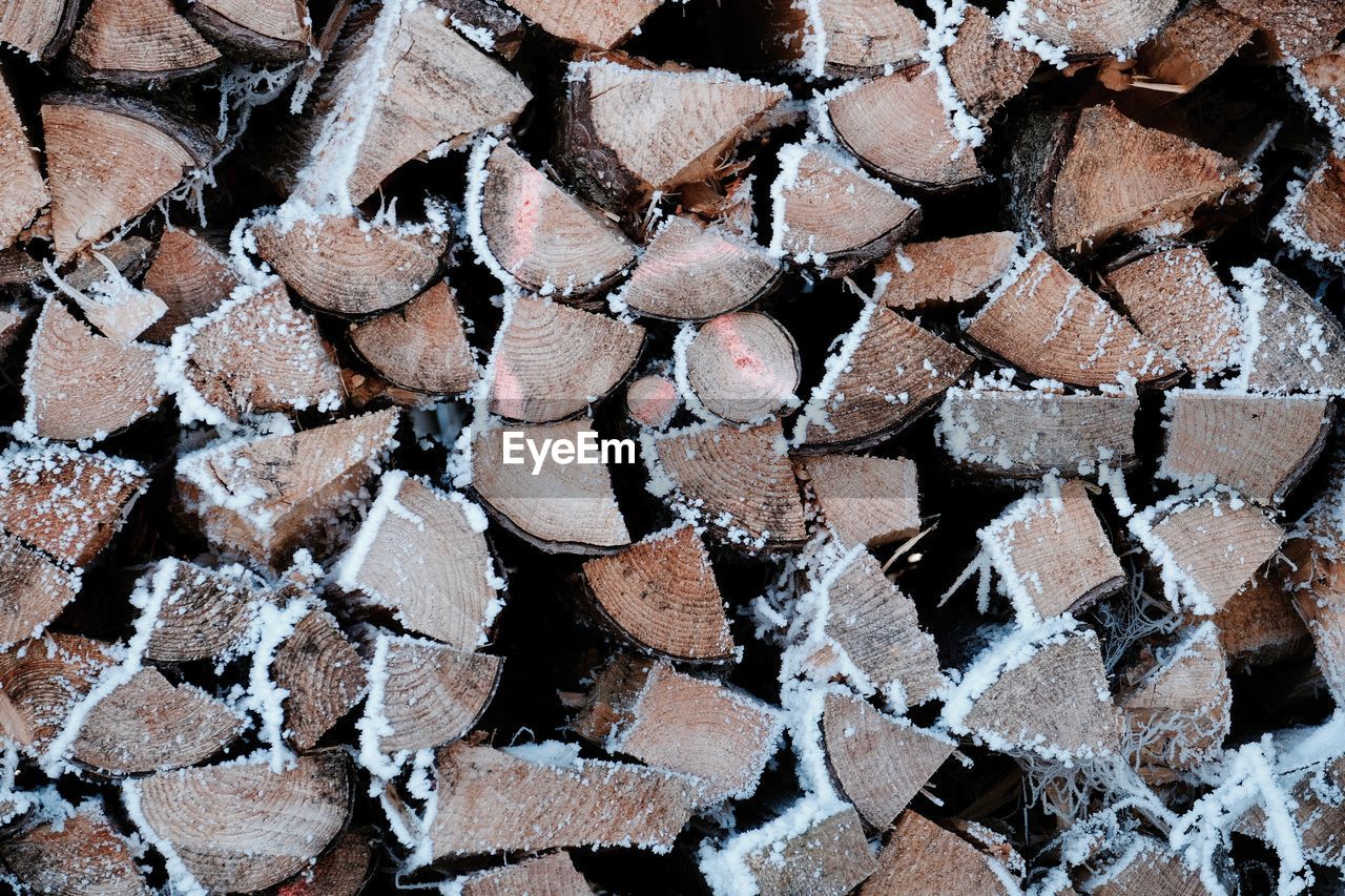 Full frame shot of firewood with snow