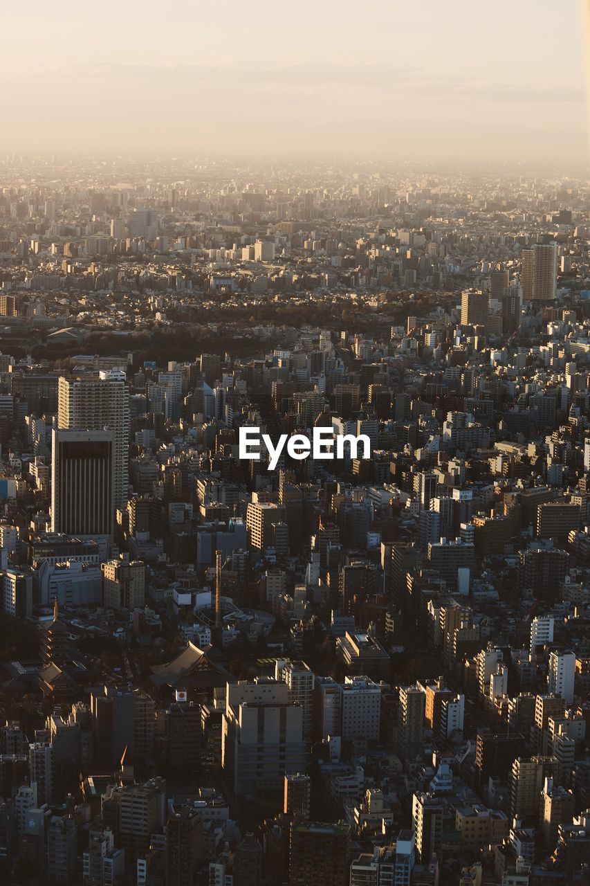 High angle view of buildings against sky in tokyo city