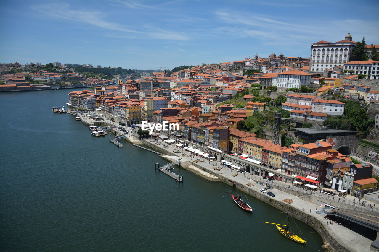 High angle view of river by town against sky