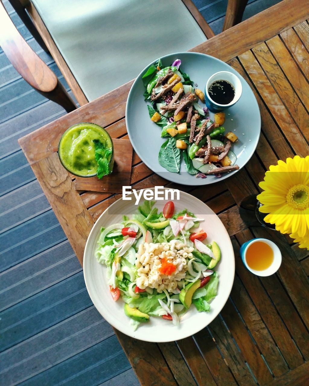 High angle view of healthy meal served on table