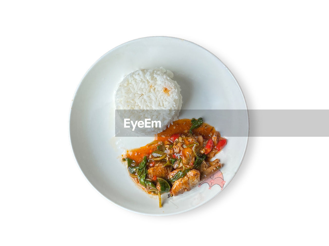 Canned fish with basil and rice in plate white.isolated on white background.
