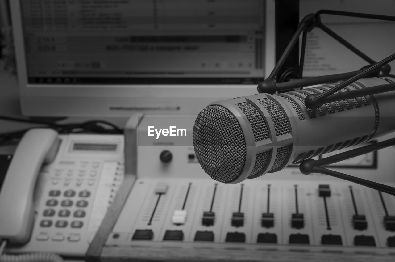 Close-up of microphone in studio