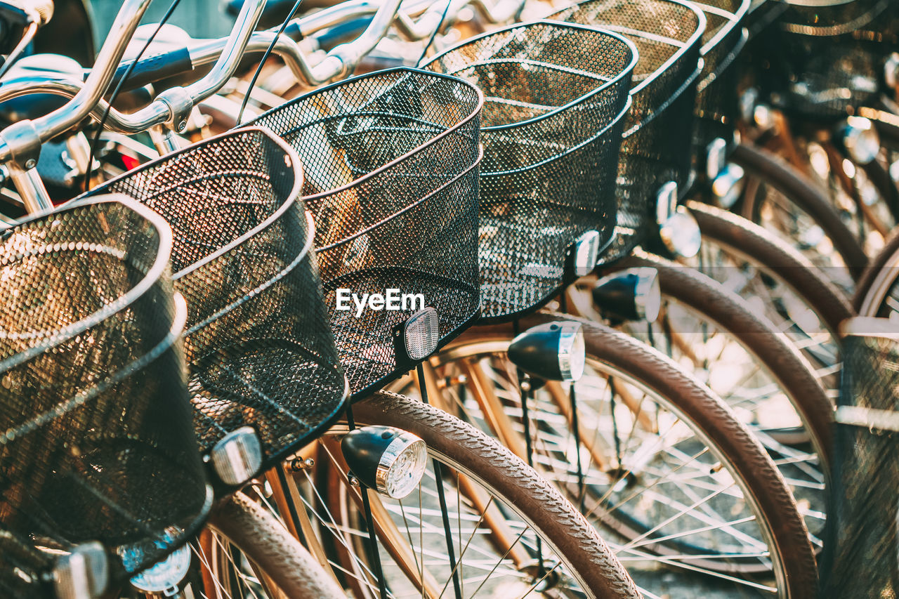 Full frame shot of bicycles parked in row