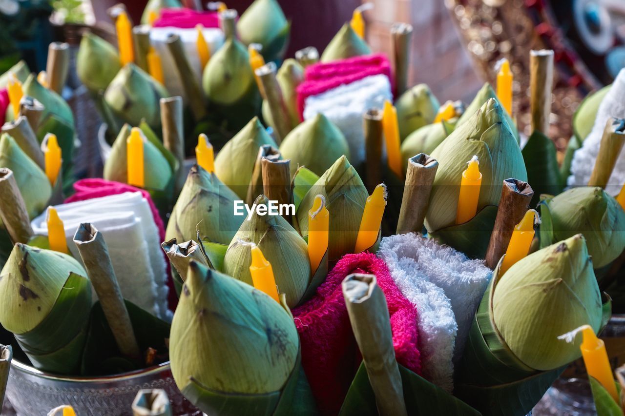 Religious offering of banana leaves ready to float for loi krathong festivals