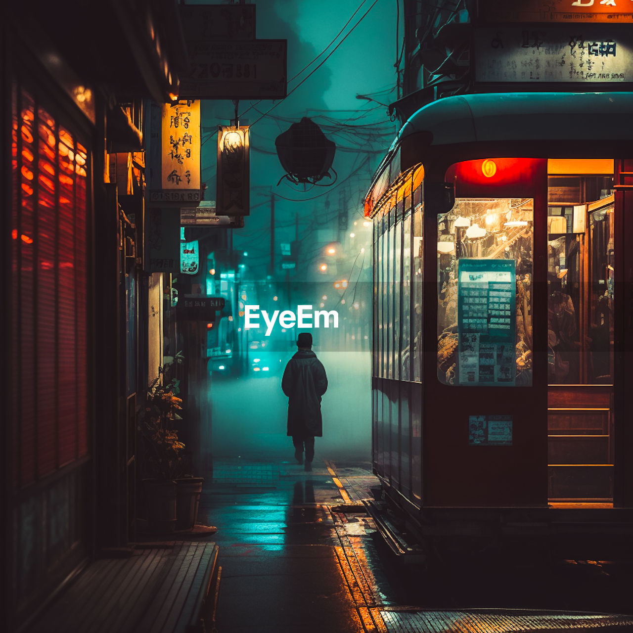 Rear view of man walking on street at night