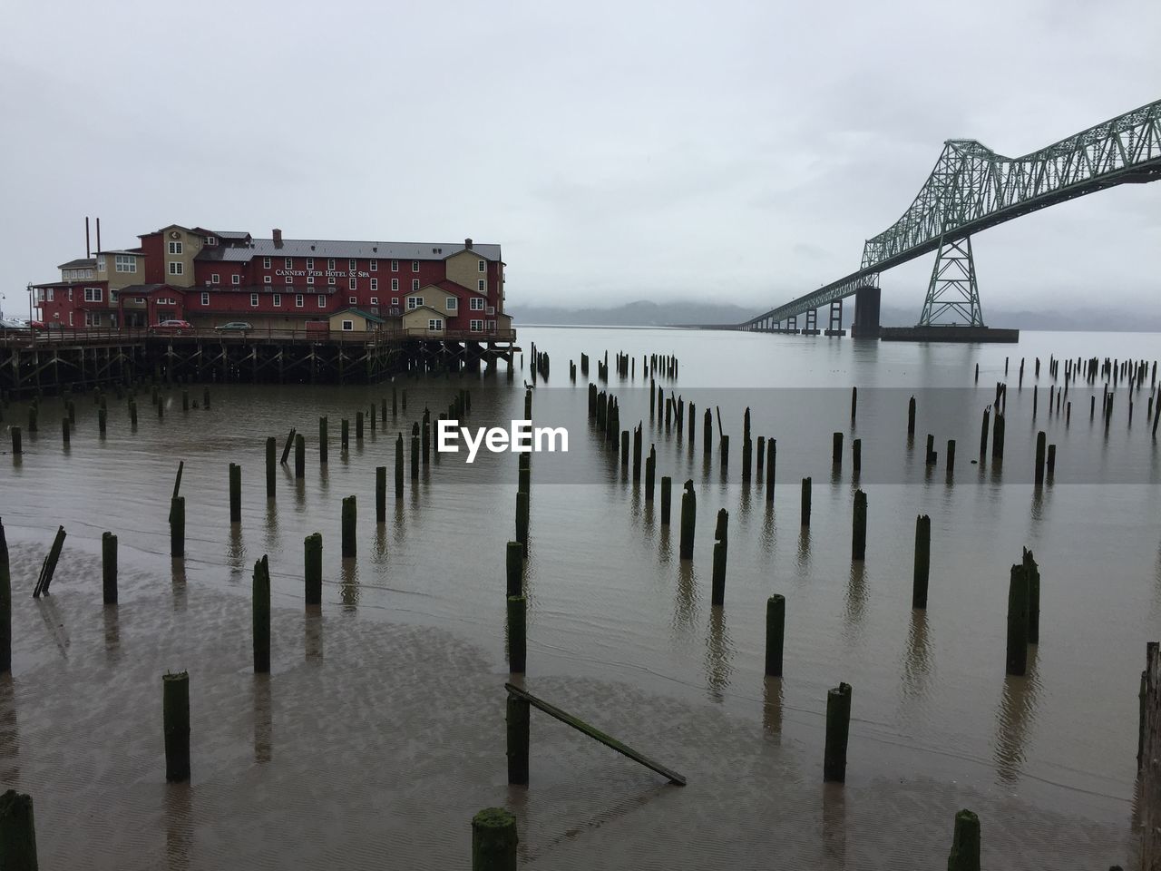 Wooden posts in sea with bridge and building against sky