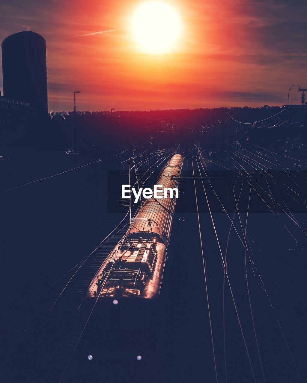 High angle view of train during sunset