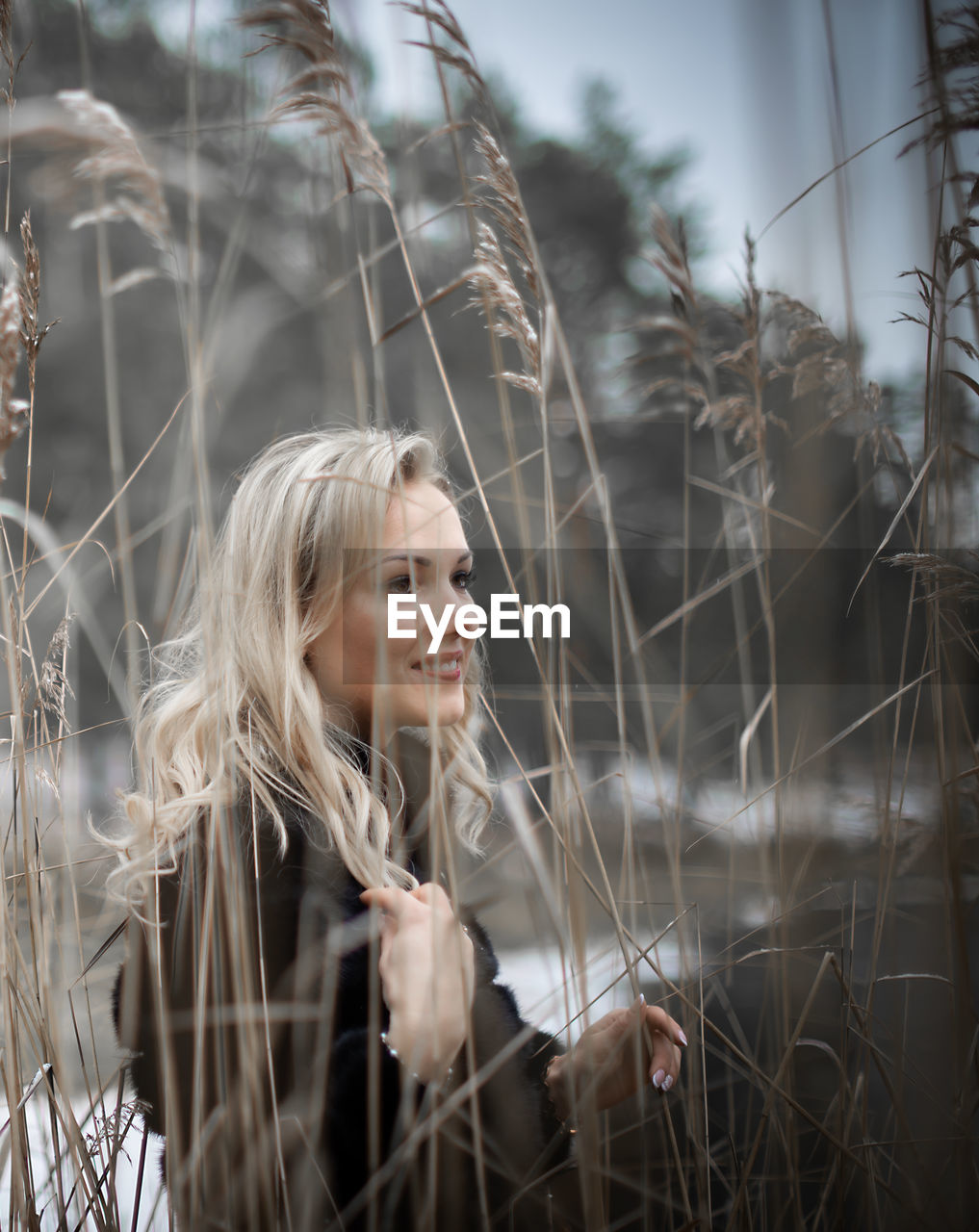 Smiling young woman looking away while standing by plants at beach