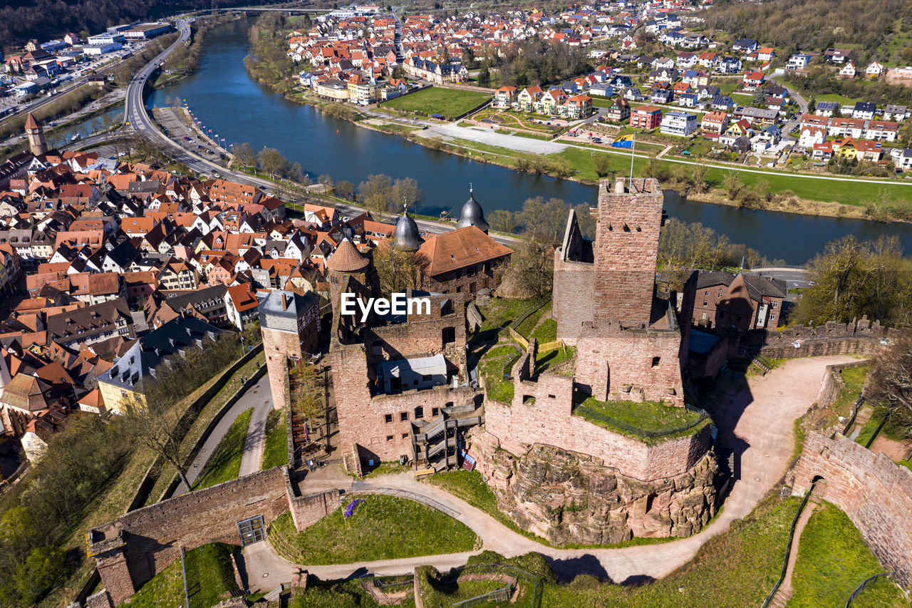 Germany, baden-wurttemberg, wertheim am main, helicopter view of wertheim castle and surrounding town in summer