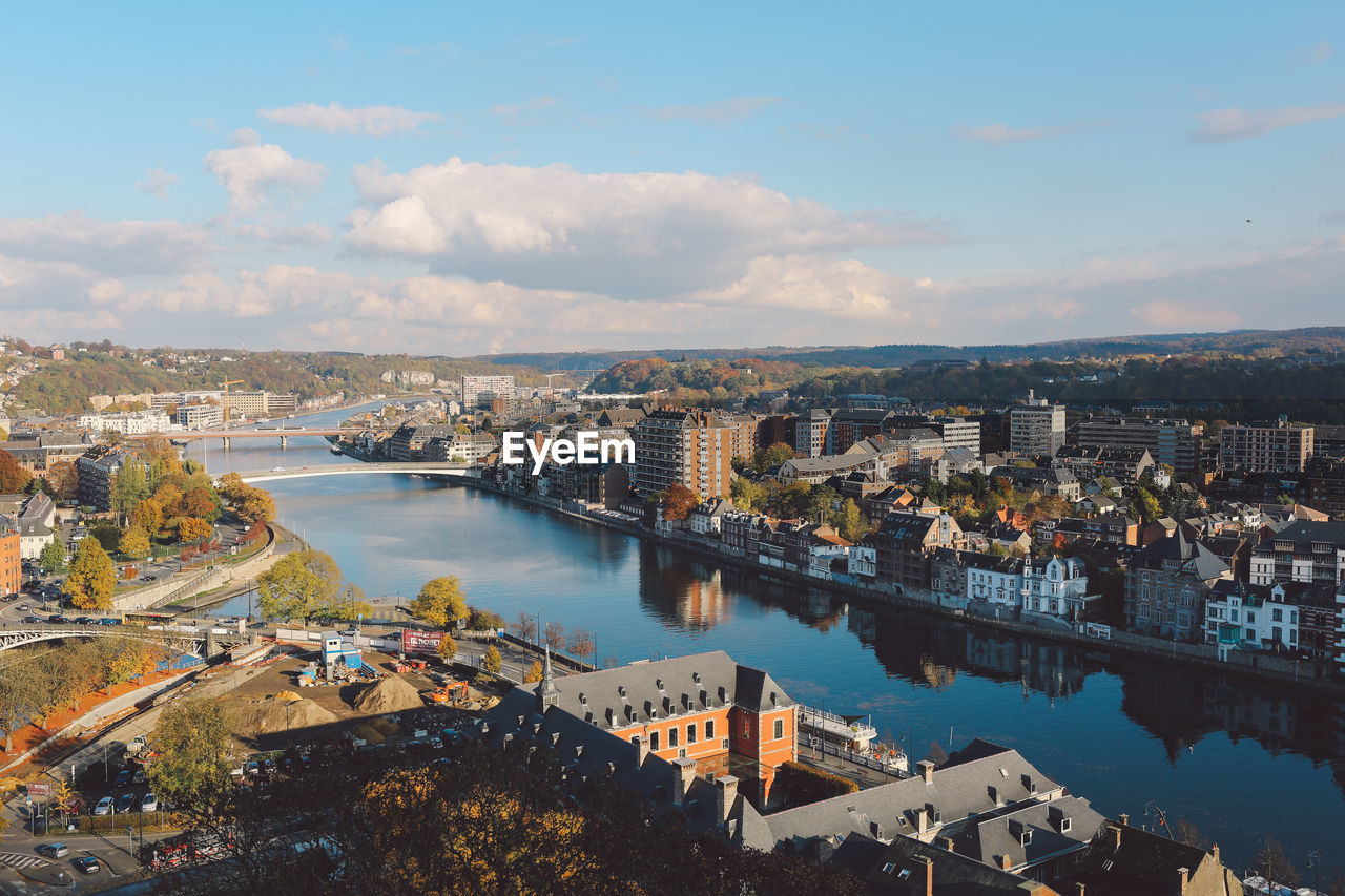 High angle view of city at waterfront