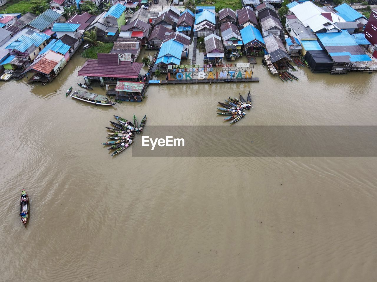 High angle view of boats in river